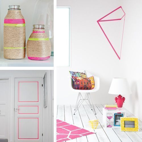 Trazos neon sobre blanco, con pintura y cinta washi