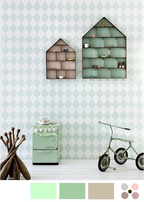Paleta de colores mint, con madera y blanco