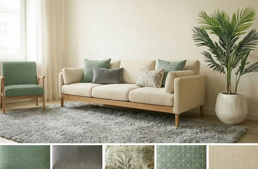 Combinación de cojines para un sofá beige.