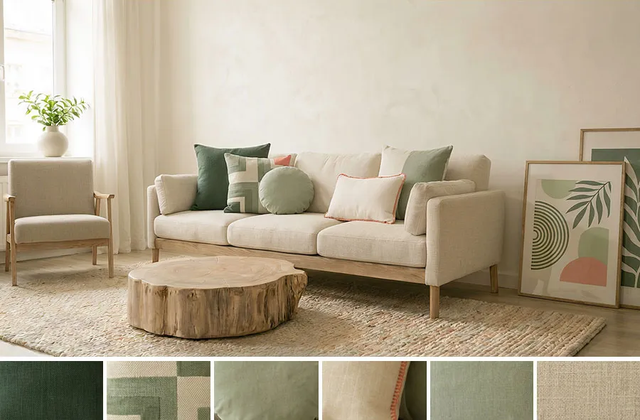 Como combinar cojines para un sofá beige, ejemplo primavera.