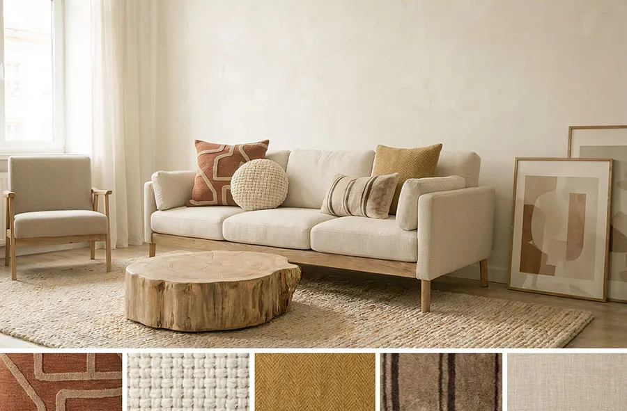 Como combinar cojines para un sofá beige, ejemplo otoño.